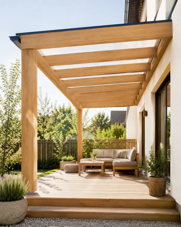 Überdachte Holzterrasse im Außenbereich