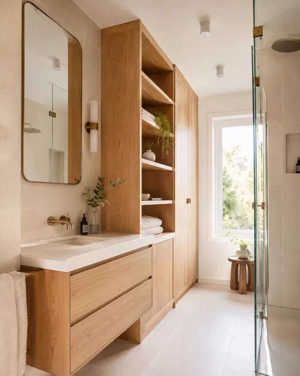 Modernes Badezimmer mit Waschtisch und Einbauten aus Holz