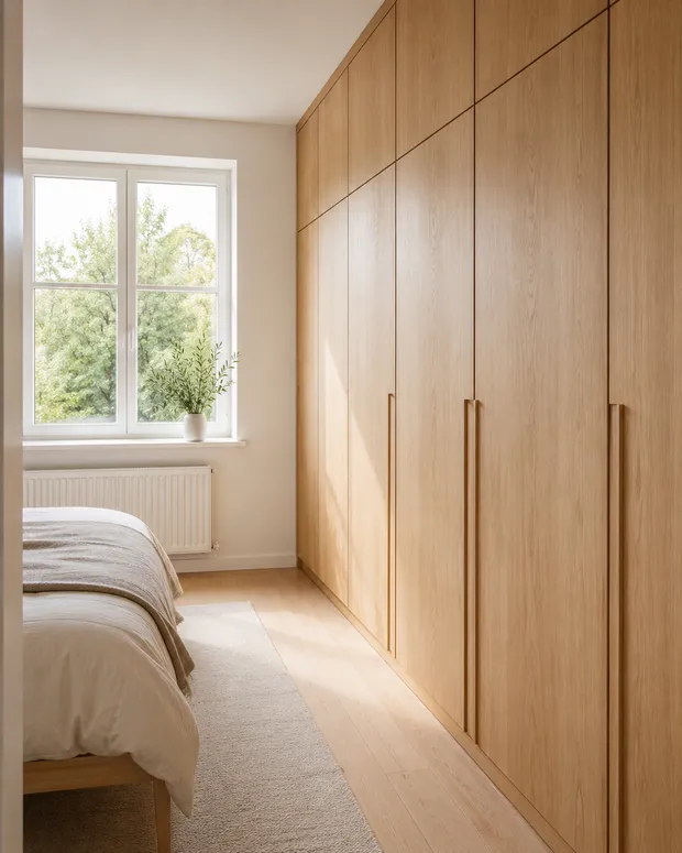 Heller Schlafraum mit raumhohem Einbauschrank aus Eiche