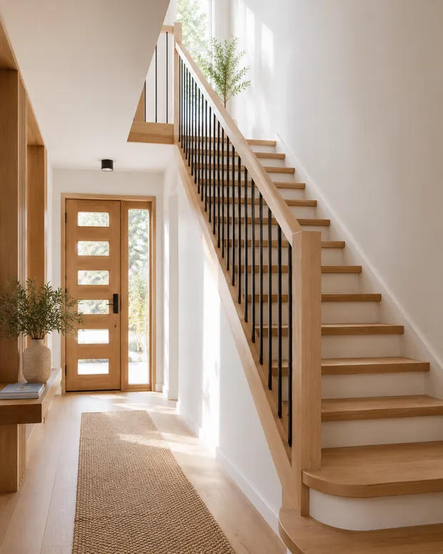 Holztreppe mit Geländer in einem hellen Treppenhaus