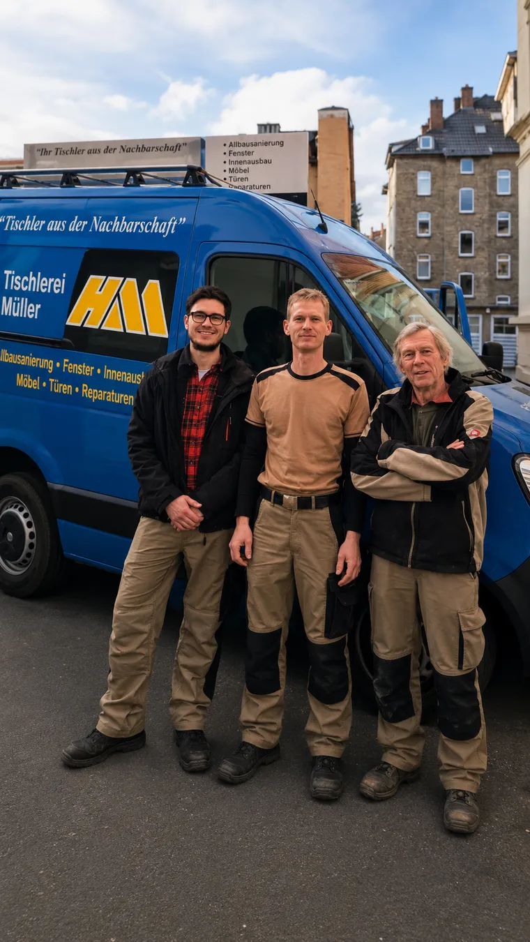 Das Team der Tischlerei Müller vor dem Firmenwagen, Ingo Müller-Wendorff in der Mitte